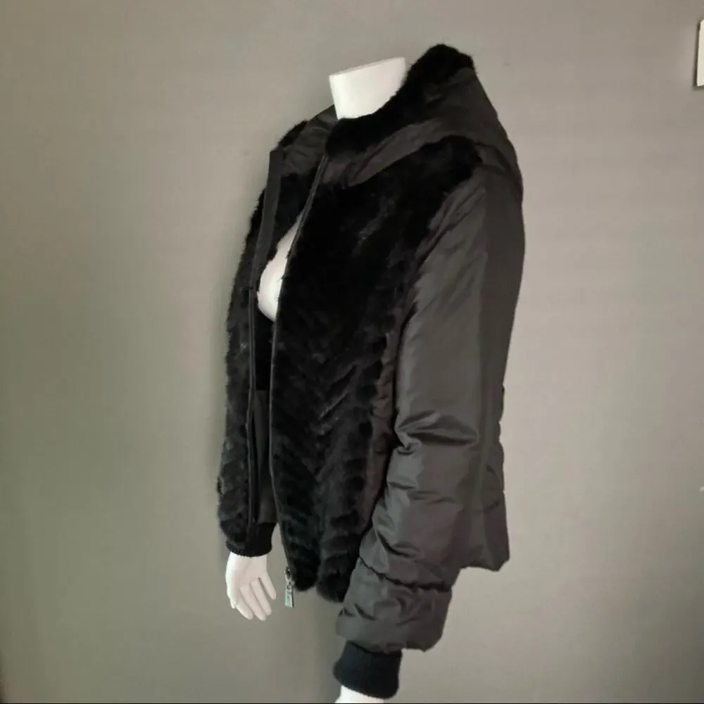 Max & Moi‎ Paris fur quilted hooded puffer bomber jacket black sweater sleeve